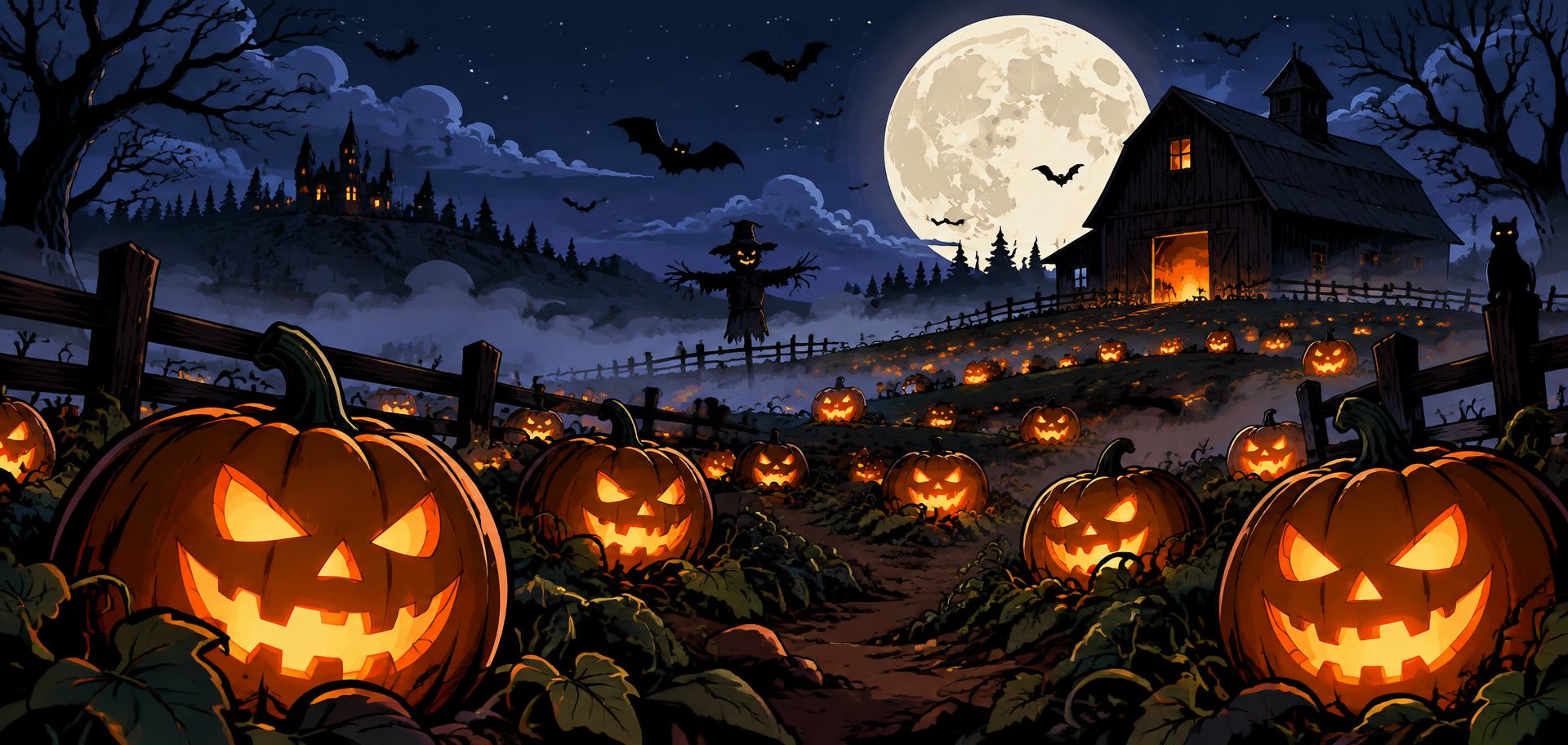 Moonlit pumpkin patch with glowing jack-o'-lanterns